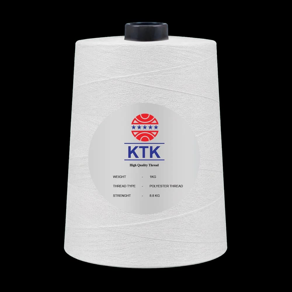 KTK High Quality Thread cone in white, showing the KTK label with weight, thread type and strength